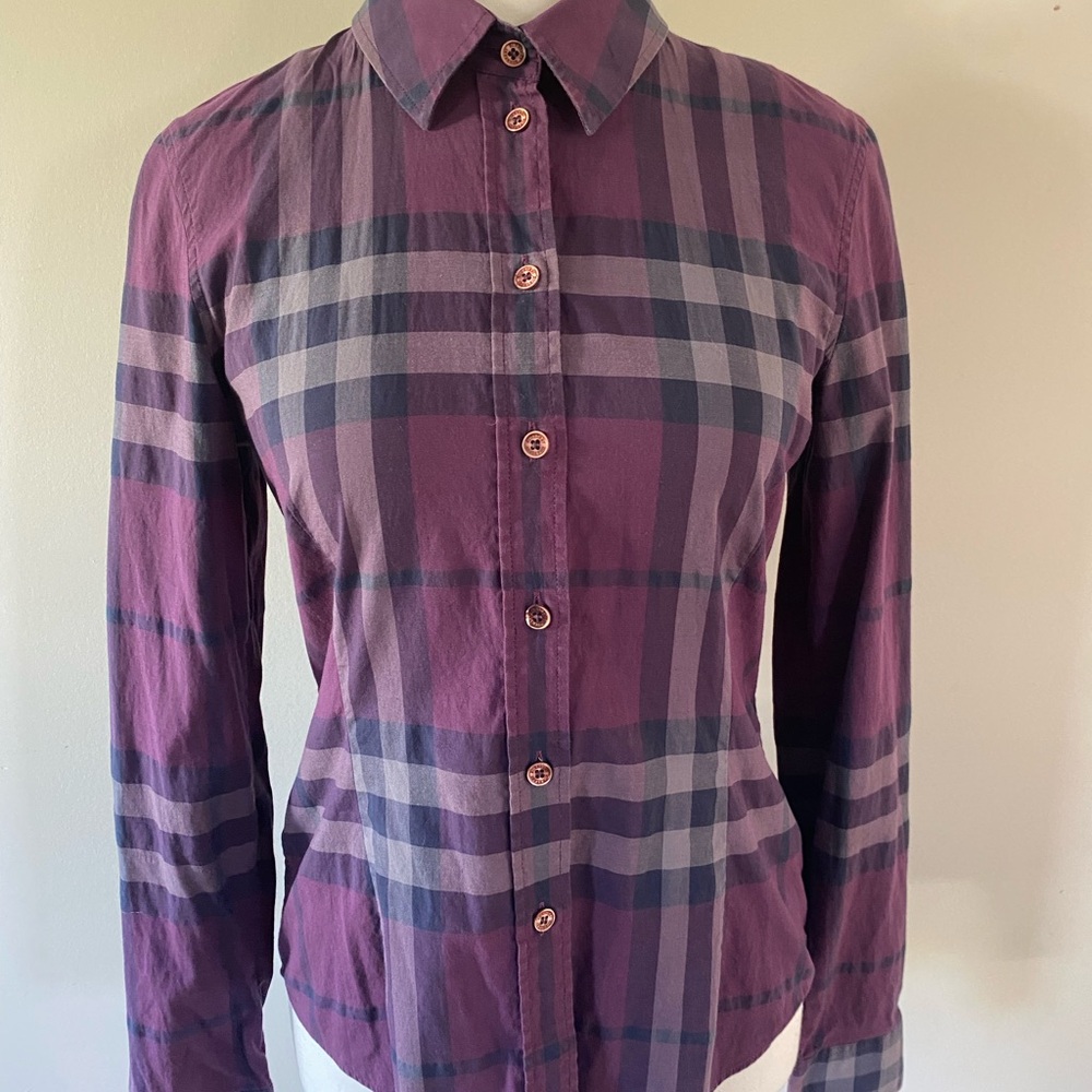 Burberry Purple Plaid Button-Up Top